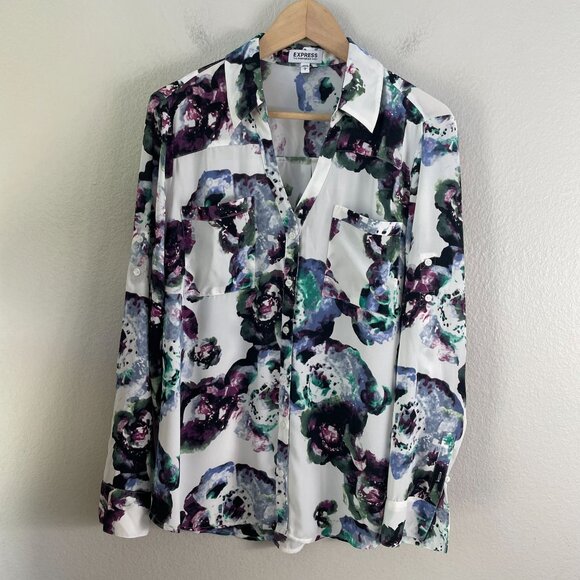 Express Portofino Shirt Womens Large Floral Button Up Blouse Roll Tab Sleeve Top - Picture 1 of 8